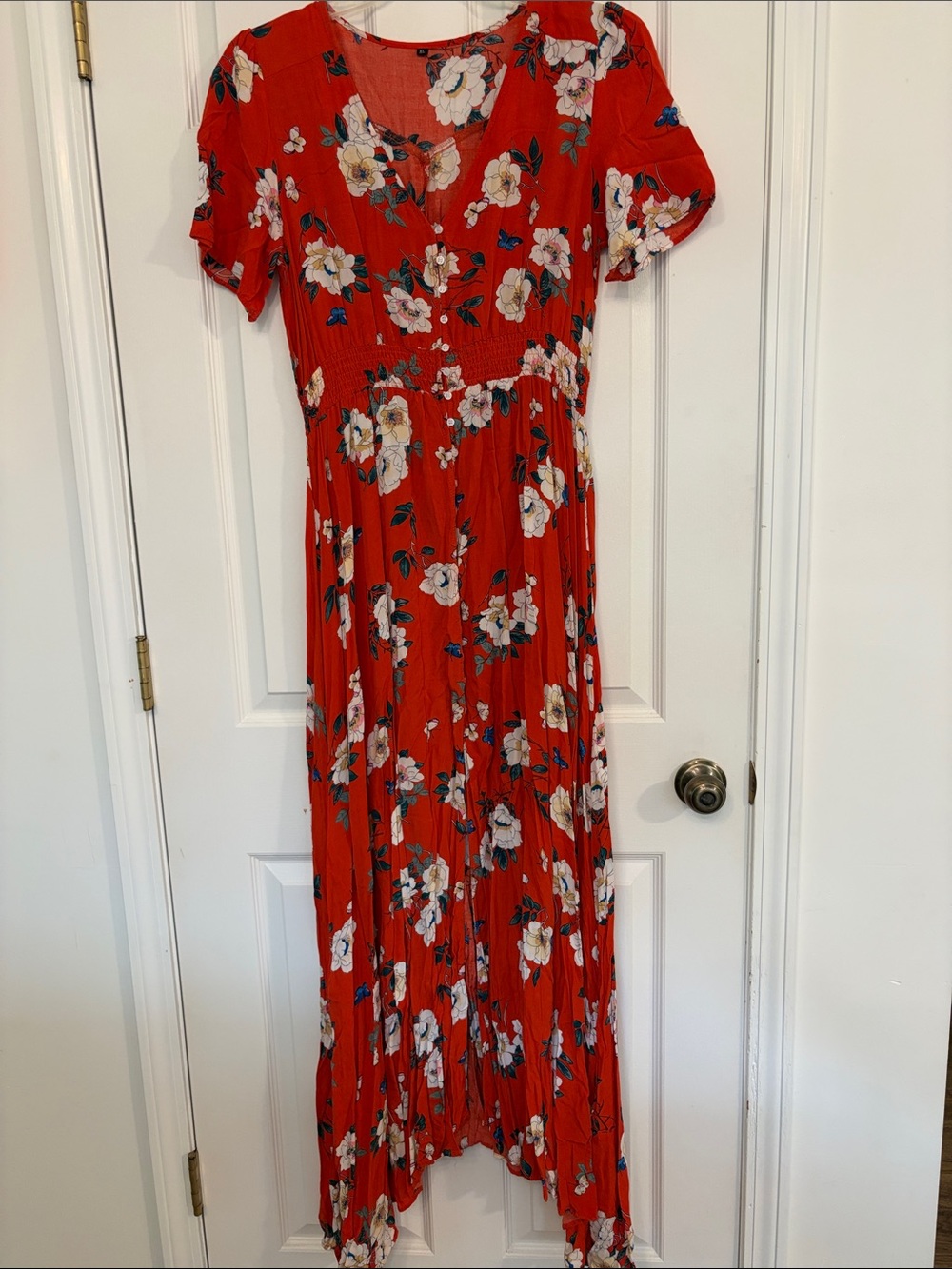 Amazon Red Floral V-Neck Maxi Dress with White Blooms